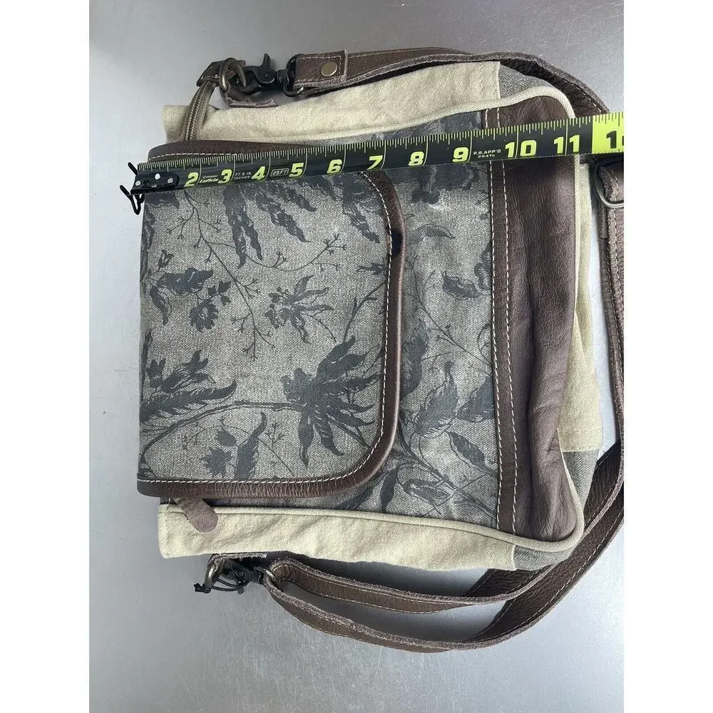 New! Myra Bag Purse Crossbody Bag Canvas and Leather Trees Leaves Print